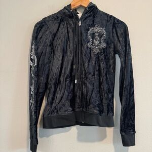 Christian Audigier Y2K Black Velour Zip-Up Hoodie with Embroidered Crest M